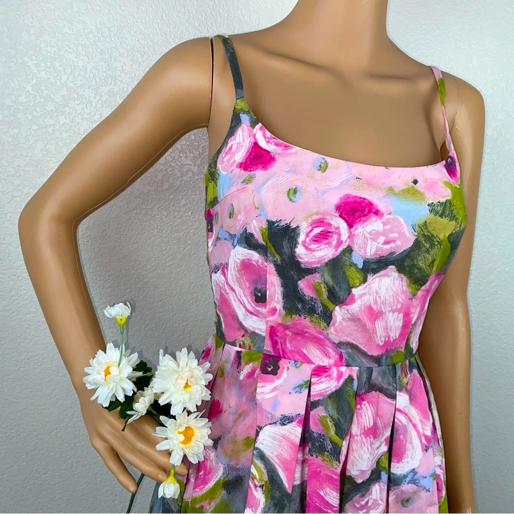 Trina Turk Watercolor Roses Floral A-Line Pleated Dress - Picture 3 of 10